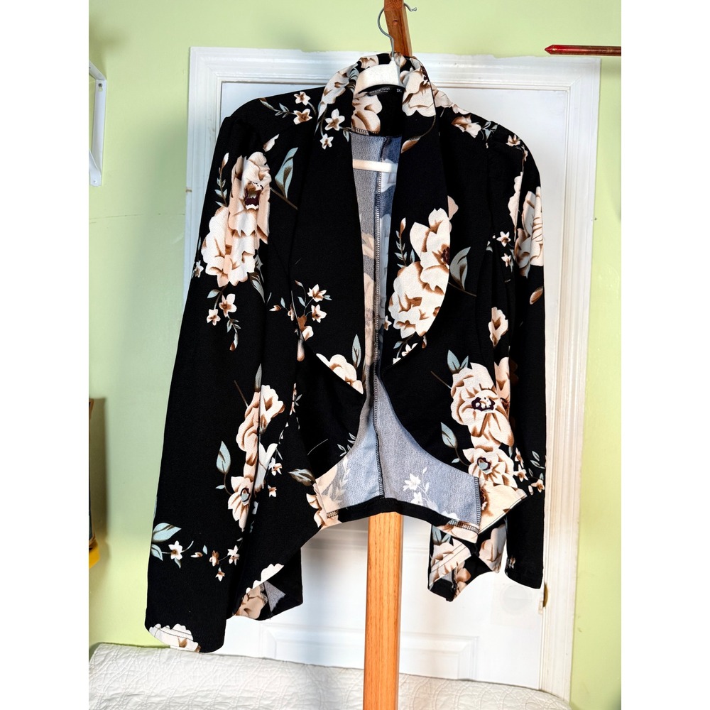 SHEIN CURVE Floral Open Front Draped Blazer Cardigan Black Tan 3XL 00609